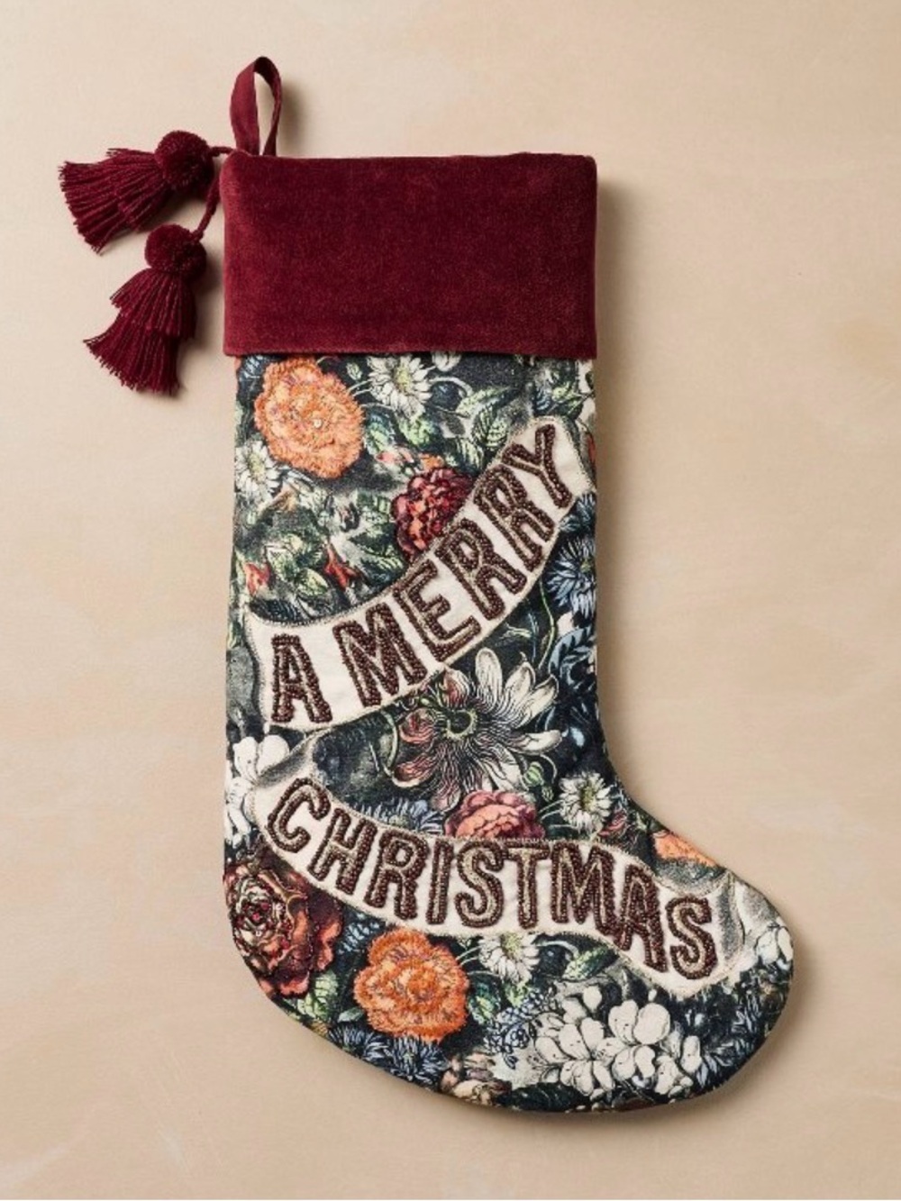 Floral 'A Merry Christmas' Velvet-Cuff Holiday Stocking - Burgundy